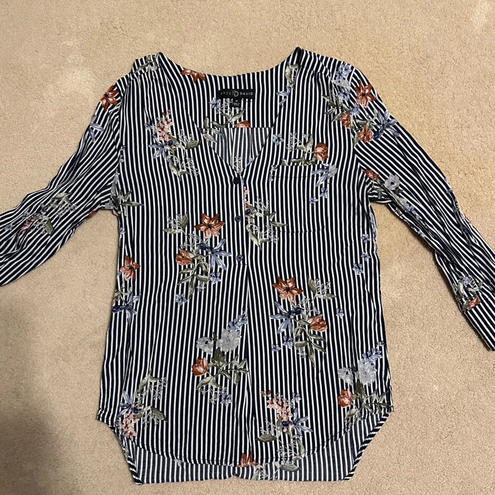 Fred David Black and White Striped Floral Blouse